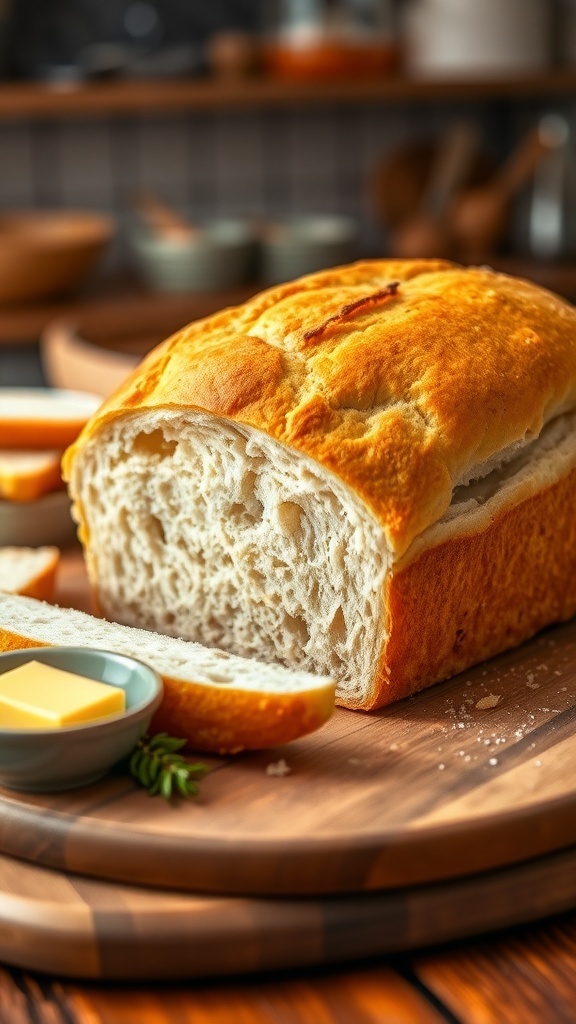 A loaf of gluten-free bread sliced on a cutting board with butter and herbs.